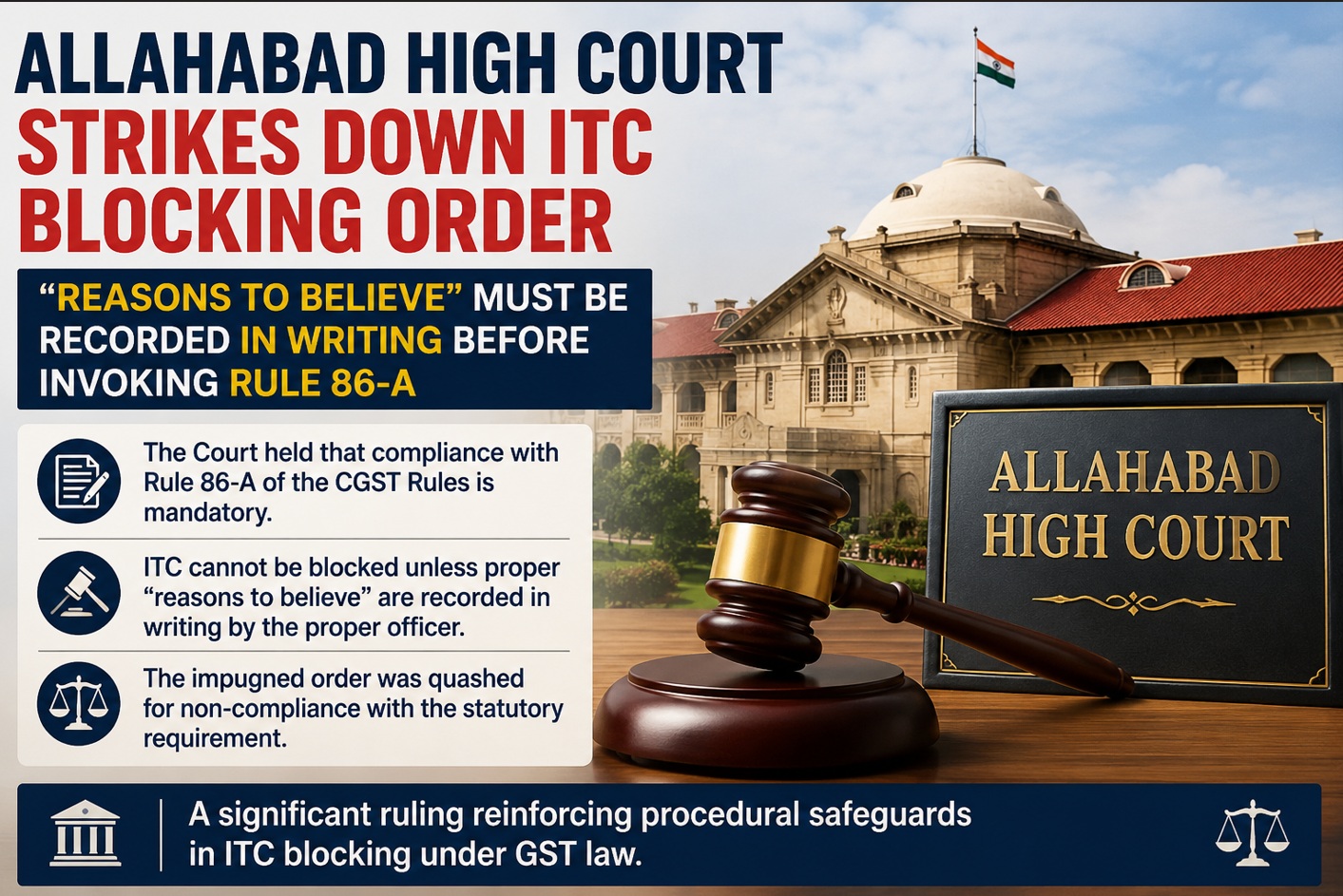 Allahabad High Court Strikes Down ITC Blocking Order: “Reasons to Believe” Must Be Recorded in Writing Before Invoking Rule 86-A