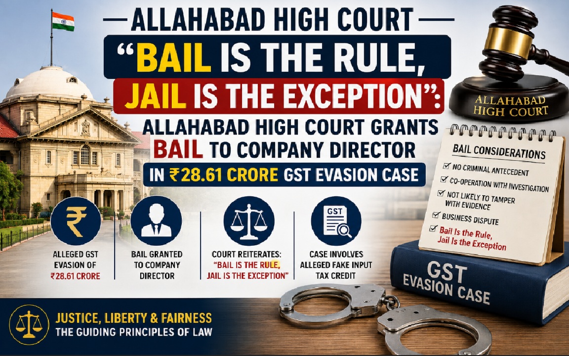 “Bail Is the Rule, Jail Is the Exception”: Allahabad High Court Grants Bail to Company Director in ₹28.61 Crore GST Evasion Case
